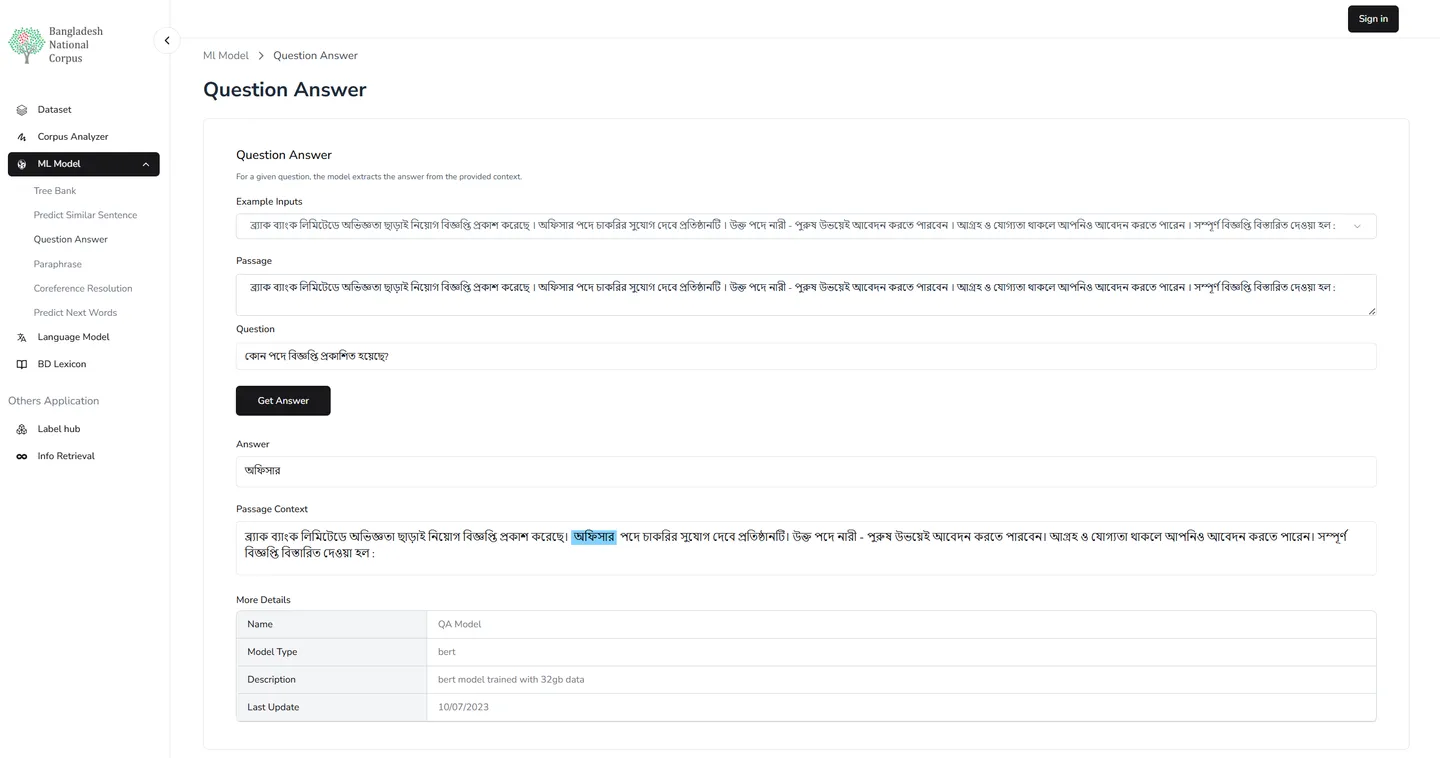 Screenshot of Bangla question answering